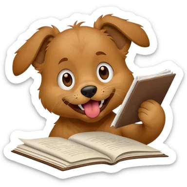 playful dog with mouth open biting into a sheet of homework, paper clearly being chewed, apple style emoji sticker