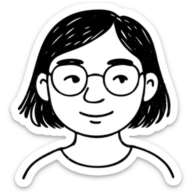 Asian girl with tan skin, short black hair, and glasses, hand drawn outlined icon sticker