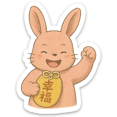 pink bunny holding lucky charm and pumping fist, soft Ghibli style sticker