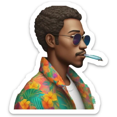 Person vaping wearing a colourful vibrant tropical patchwork of intricate vintage patterns, vape sticker