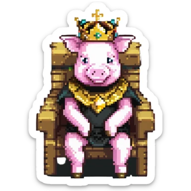 Minecraft style pig with a golden crown sitting on a throne, inspired by Technoblade sticker
