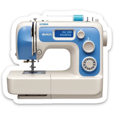 Modern Brother-style computerized sewing machine emoji, white and light gray with a blue thread spool, small LCD screen and round dial, three-quarter view, soft gradients and shadows in Apple emoji style, plain light background. sticker