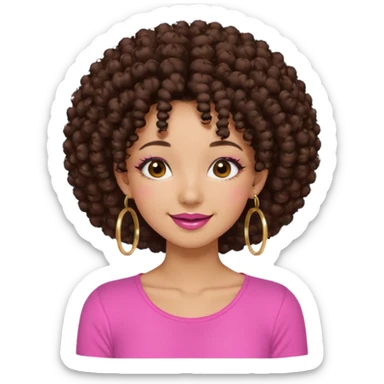 Naturally tan skin girl short darkBrown curly afropink shirt very long lashes hoop gold earrings Brown eyes gyaru smiling closed mouth cute non perfect circular a sticker