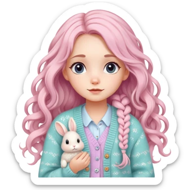  A girl with long curls, a pastel-colored hair clip, and a knitted cardigan with a bunny pattern, looking cute. sticker