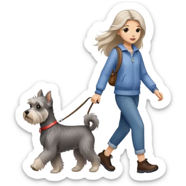 A long-haired girl walking a miniature schnauzer sticker