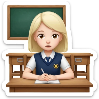 an anxious girl in school uniform sitting in front of a table  sticker