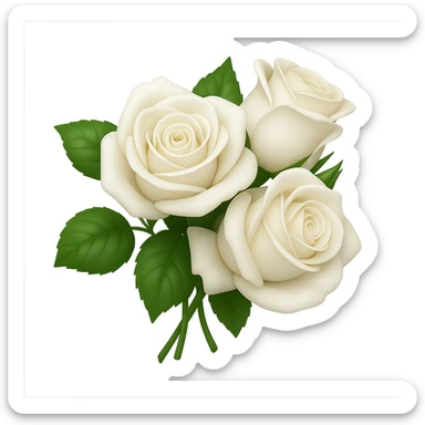 Create a 3D illustration of a bouquet of three white roses with leaves in the style of iOS Apple emojis, featuring volumetric petals and realistic leaves, on a transparent square background. The style should reflect the detailed and polished look of Apple emojis with a 3D effect. sticker
