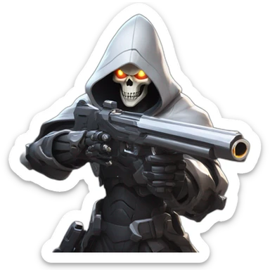 reaper from overwatch, holding his twin shotgun, shooting his ultimate move death blossom sticker