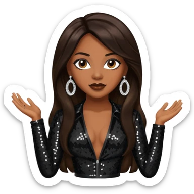 Monica Arnold, R&B Singer with long dark brown hair, black sequin outfit sticker