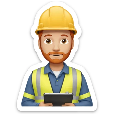 A safety construction worker who is male and has red hair, no beard but slight facial scruff from time to time. He needs a hard hat and maybe a clipboard with a check list for his safety checks. sticker