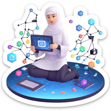 computer engineer with white hijab immersed in augmented reality, surrounded by floating metaverse elements, digital codes, virtual machines, tech graphics sticker