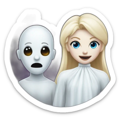 a blondie girl dressed as a ghost and a bald guy dressed as a ghost going to a party sticker