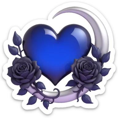 gothic heart made of midnight blue glass, silver crescent moon, large black roses, mysterious and rich sticker