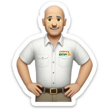 older man that is balding with u-haul shirt sticker