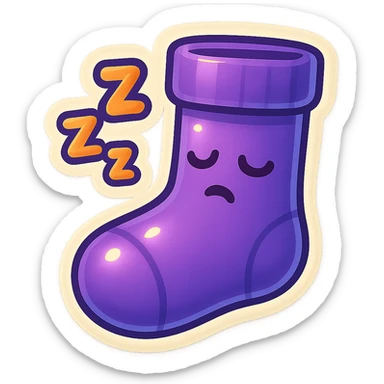 A purple sock with a sleeping face, zzz bubbles, representing sleep or boredom. sticker
