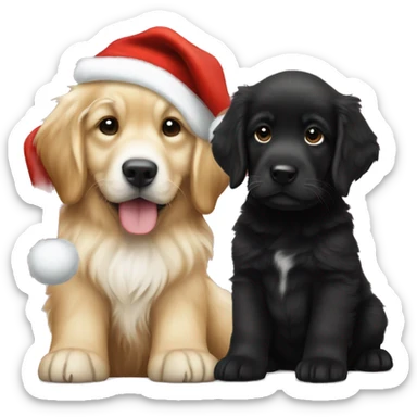 solid black fluffy puppy wearing red vest with white golden retriever puppy wearing a santa hat sticker