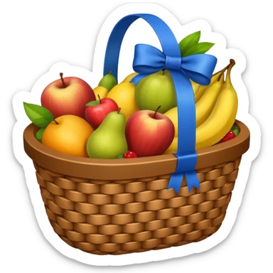 A basket with a blue ribbon on the handle sticker