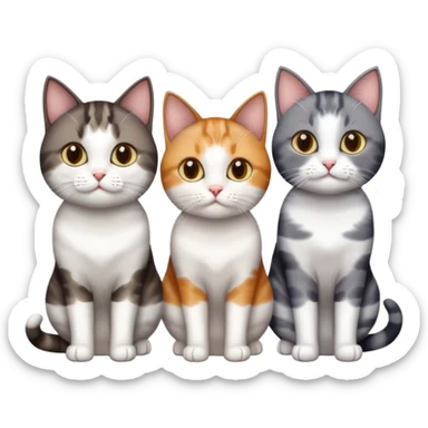 3 different coloured short haired cats including; a dark brown tabby and white cat, and a dark grey and white  sticker
