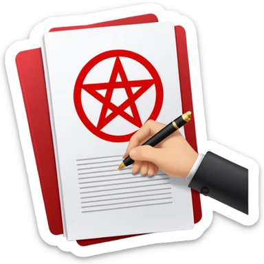 Minimalist emoji-style sticker of a hand signing a contract that says “YOUR SOUL” in bold letters, red ink, pentagram seal sticker