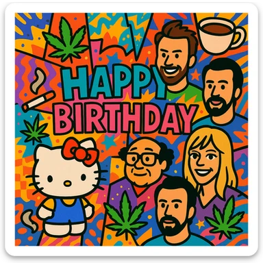maximalist birthday message collage with Hello Kitty, It's Always Sunny in Philadelphia cast, coffee cups, cigarettes, cannabis leaves, vibrant chaotic colors and patterns sticker