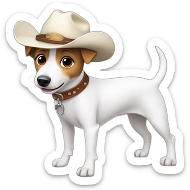White jack russell terrier wagging his tail and wearing a cowboy hat sticker