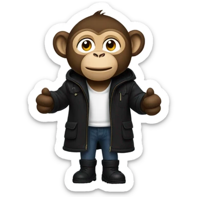 Monkey wearing black wool coat black ugg boots and a black backpack sticker
