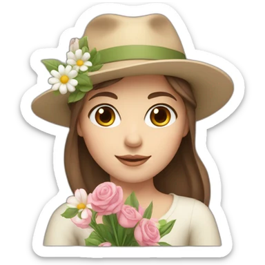 white skin, Girl with a hat, brown hair straight to the shoulders, holding a bouquet of flowers sticker