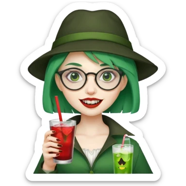 vampire green hair Drink holders with hat, wearing glasses, female,,teeth looks like vampire sticker