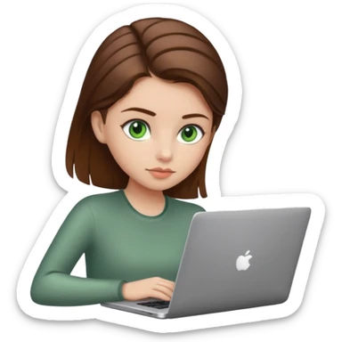 fată cu ochi verzi și păr șaten strâns în partea din spate a capului, lucrând pe un laptop sticker