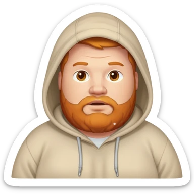 A fat man with a ginger beard and a hoodie sticker