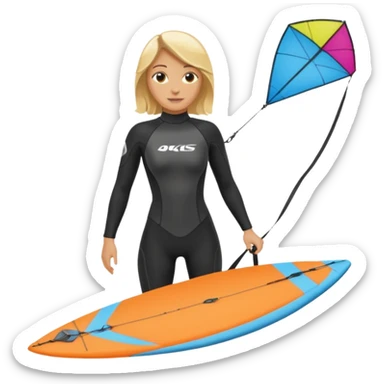 Kiteboarding blond ladie showing kite and board sticker