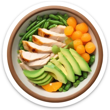 Poke bowl with chicken, avocados, mandarins, cucumbers and green beans; side view sticker