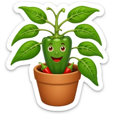 Potted green pepper plant with small chili peppers growing on it sticker