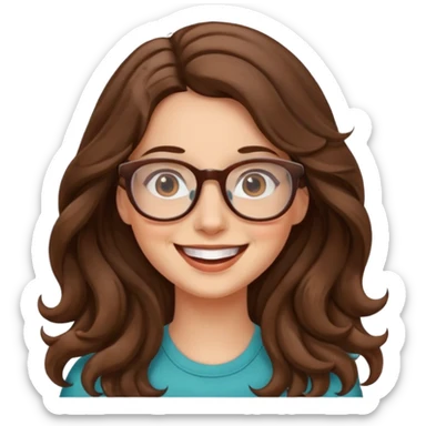 happy woman with long wavy brown hair and glasses sticker