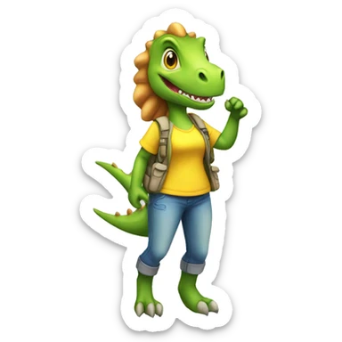 Female dinosaur with Yellow shirt and earrings exploring the nature  sticker