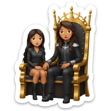 Tan skin with freckles, long dark hair, hazel eyes Dominatrix sitting on a throne. Man worshipping at her feet.  sticker