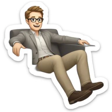 Joyful Celebrating victory Pale skinned Fit Man With dark brown hair in gray jacket, beige office shirt, Brown pants and vintage glasses sitting In a soft chair sticker