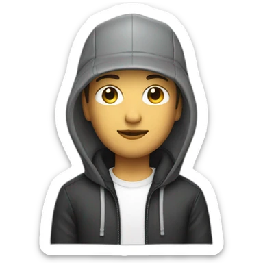 caucasian product designer with a hood and snapback hat sticker