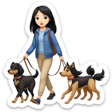 A girl with long black hair walking with three dogs sticker