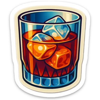 A whiskey on the rocks with a vintage glass and ice cubes sticker