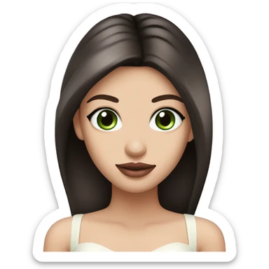 beautiful girl with high cheek bones, long straight shiny dark brown hair, big green eyes and big pale pink lips. Wearing a cream bustier sticker