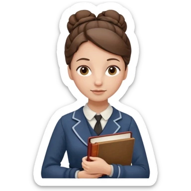 a young female teacher, modest, poor, kind, 20th century clothes, holding an English book, her brown hair tied in a bun sticker