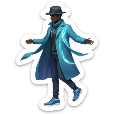 Male silhouette with flowing energy aura around it and small style elements like hat, jacket and shoes orbiting around, ethereal masculine style inspiration sticker