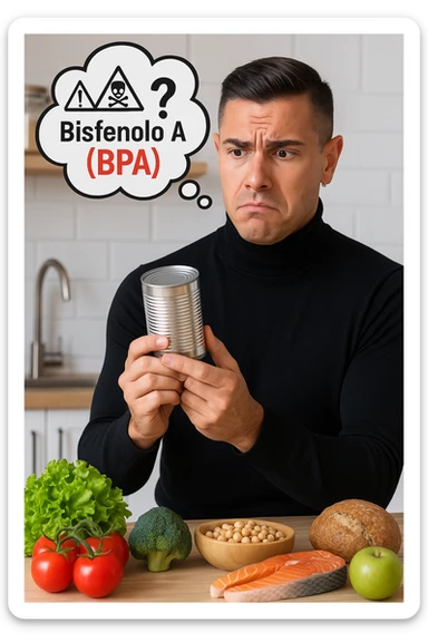 un uomo in cucina tiene in mano una lattina di cibo in scatola, osservandola con un’espressione preoccupata e scettica. Sopra la lattina, una nuvoletta di pensiero mostra la scritta “Bisfenolo A (BPA)” evidenziata in rosso, insieme a simboli di allarme o un punto interrogativo. Sullo sfondo, alimenti freschi e naturali sono visibili sul tavolo, sottolineando la sua preferenza per alternative più sane. sticker