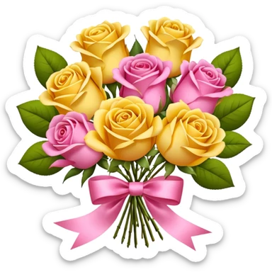 A bouquet of flowers, composed of pink and yellow roses, four blooms in total, tied with ribbon. sticker