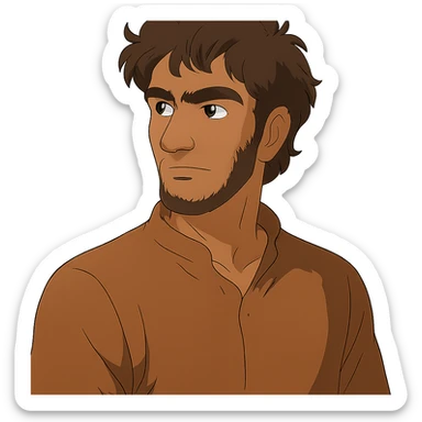 A Tajik man with medium to tall height, well-defined features, slightly curved nose, dark-brown eyes, thick eyebrows meeting above the nose, slightly wavy hair, and rich brown skin sticker