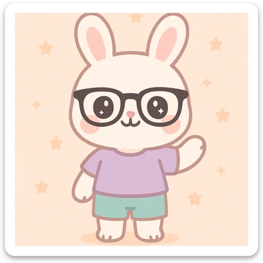 conejo blanco kawaii de pie, gafas RayBan, ropa casual cool, sin zapatos, sonriendo y haciendo gesto de bienvenida sticker