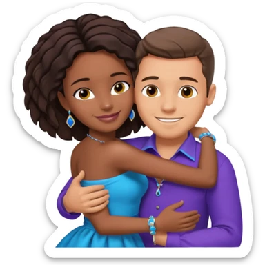 Tan brunette European male in blue shirt smiling and hugging a jet black African girl in purple strapless dress and blue jewelry sticker