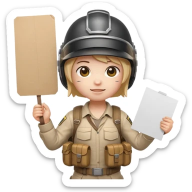 Create a cute emoji-style PUBG Mobile character, chibi version with helmet and backpack, standing in victory pose, holding a blank white sign or paper sheet in both hands in front of chest, ready for text, clean white background, simple emoji design” sticker