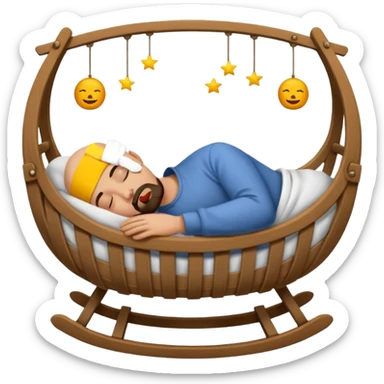 a bald, tan man who has a black goatee sleeping in a cradle sticker